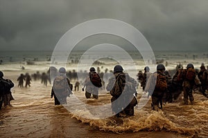 American Marines landing on Omaha Beach DDay Rain wet Cinematic award winning Photography Shot on 85mm Depth of Field F14 high