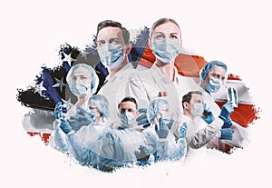 American medical men and women in protective medical masks on the background of the American flag