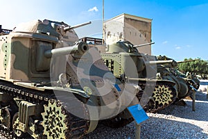 American medium tanks on display from the left M3 Grant, M3 Lee and M3A1 Stuart . Latrun, Israel