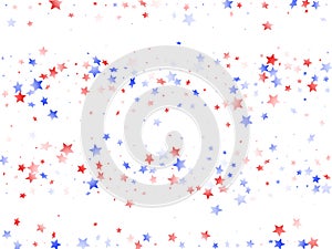 Flying red blue white star sparkles on white vector american patriotic background.