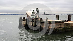 American Merchant Mariners` Memorial, depicting a merchant marine vessel that was sunk in WWII, New York, NY