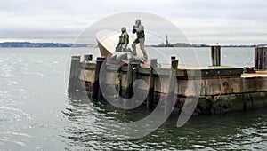 American Merchant Mariners` Memorial, depicting a merchant marine vessel that was sunk in WWII, New York, NY