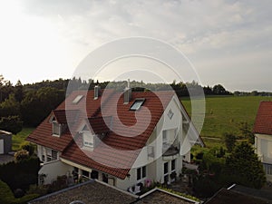 American midwestern countryside in springtime. Aerial view of houses