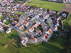 American midwestern countryside in springtime. Aerial view of houses