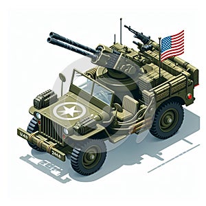 American military jeep, illustration in isometric form isolated on white background 4