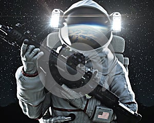 American military space force soldier holding a weapon with Earth`s reflection in the helmet.