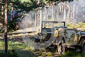 American military vehicles willys on the battlefield.