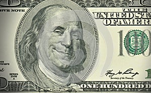 American money - one hundred dollars banknote with greedy expression