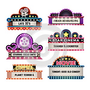 American motel and movie retro signs with light frame. Vintage casino billboards vector set