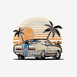 American Muscle Car in Beach Vector Illustration. Car Isolated in White Background. Best for Tshirt Design Template