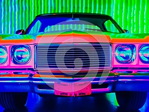 American Muscle Car. Old retro classic sports car, vintage old american cars, with neon lights