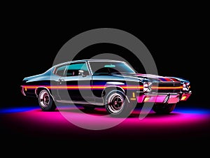 American Muscle Car. Old retro classic sports car, vintage old american cars, with neon lights