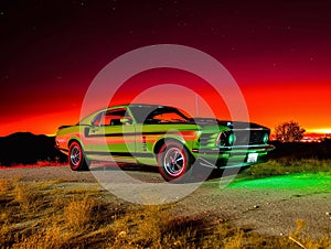 American Muscle Car. Old retro classic sports car, vintage old american cars, with neon lights