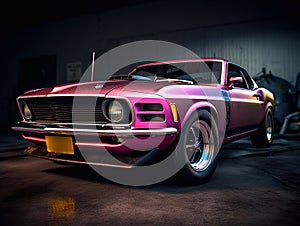 American Muscle Car. Old retro classic sports car, vintage old american cars, with neon lights