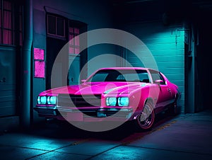 American Muscle Car. Old retro classic sports car, vintage old american cars, with neon lights