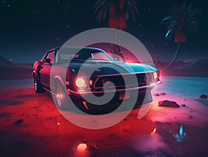 American Muscle Car. Old retro classic sports car, vintage old american cars, with neon lights