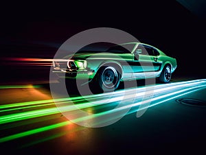 American Muscle Car. Old retro classic sports car, vintage old american cars, with neon lights