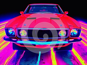 American Muscle Car. Old retro classic sports car, vintage old american cars, with neon lights