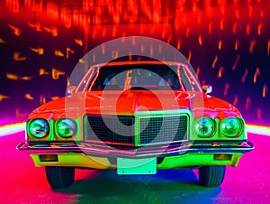 American Muscle Car. Old retro classic sports car, vintage old american cars, with neon lights