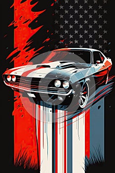 American Muscle Car, Silhouette 60s, american flag , illustration for tshirt design, ai generative