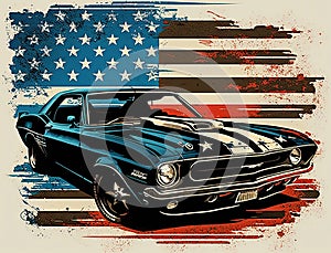 American Muscle Car, Silhouette 60s, american flag , illustration for tshirt design, ai generative