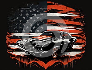 American Muscle Car, Silhouette 60s, american flag , illustration for tshirt design, ai generative