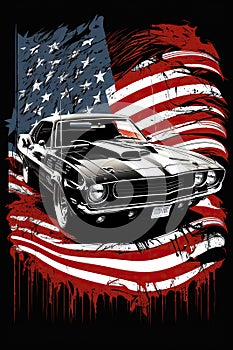 American Muscle Car, Silhouette 60s, american flag , illustration for tshirt design, ai generative