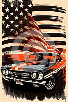 American Muscle Car, Silhouette 60s, american flag , illustration for tshirt design, ai generative