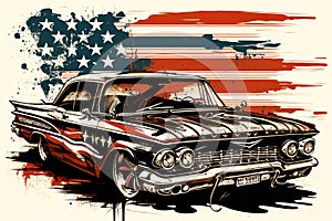 American Muscle Car, Silhouette 60s, american flag , illustration for tshirt design, ai generative