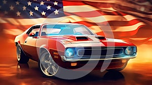 American Muscle Car with USA Flag