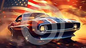 American Muscle Car with USA Flag