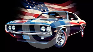 American Muscle Car with USA Flag