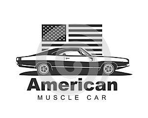 American muscle car vector. Supercar garage logo template. Old auto silhouette label