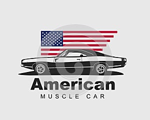 American muscle car vector. Supercar garage logo template. Old auto silhouette label