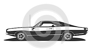 American muscle car vector. Vintage hot rod with power motor cupe. USA cars logo design. Template for t shirt print