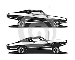 American muscle low rider car vector. Classic lowrider cars profile. Set tuning vehicle template for print t shirt or logo motor