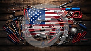 American National Holiday US Flags with American stars Construction and manufacturing tools Labor Day background, AI-Generated