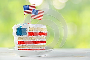 American national holidays concept - 4th of July, Memorial Day, Labour Day. Layered spounge cake in USA flag colours
