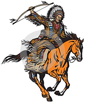 Native indian chief riding a pony horse photo