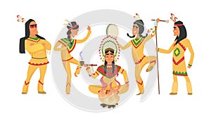 American native indians. Shaman and fire, ritual dancing people. Indian warriors vector illustration