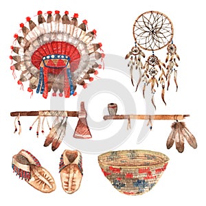 American native objects pictograms set watercolor