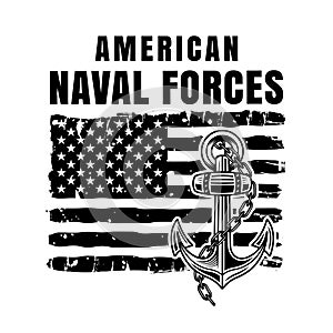 American naval forces vector illustration in monochrome style with USA flag and anchor isolated on white