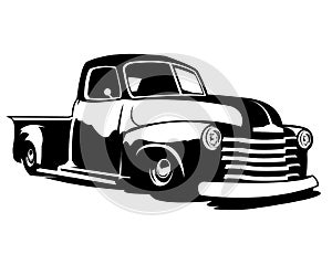 american old truck simple logo silhouette isolated white background showing from side.