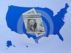 american one dollar banknote and background with United States map silhouette