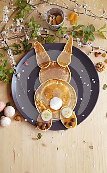 American pancakes in the shape of a bunny, breakfast for kids