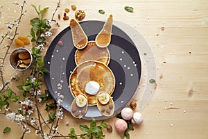 American pancakes in the shape of a bunny, breakfast for kids