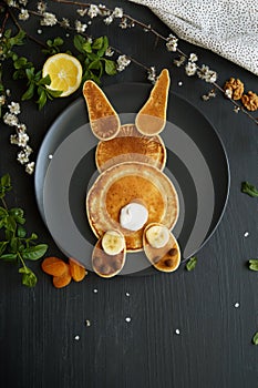 American pancakes in the shape of a bunny, breakfast for kids