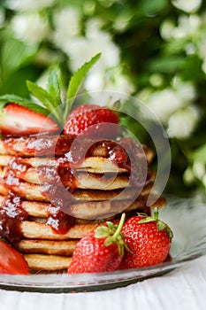 American pancakes with strawberry jam