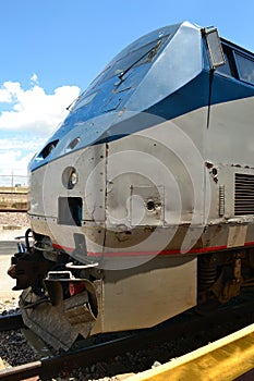 American passenger train engine blue and gray