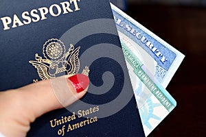 American passport, permanent resident card and social security number card